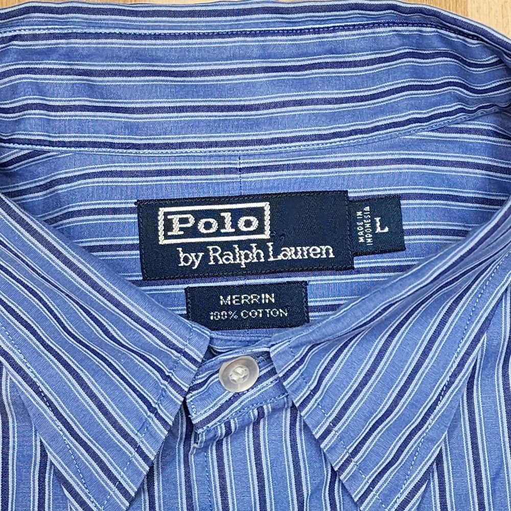 Polo Ralph Lauren Shirt Men's Large Blue Striped Merrin Long Sleeve VTG EUC‎